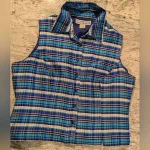 100% Silk Dress Barn Teal, Navy & White Plaid Tank Blouse Size Large Gorgeous